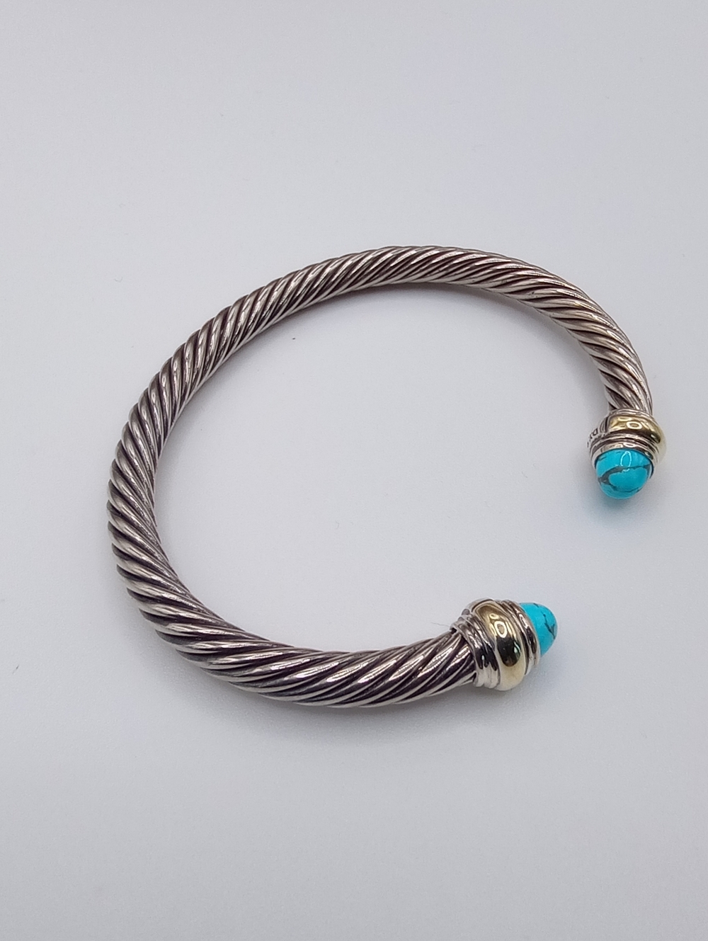 David Yurman 5 mm Silver Cable Cuff with Turquoise and Gold Accents - Picture 7 of 12